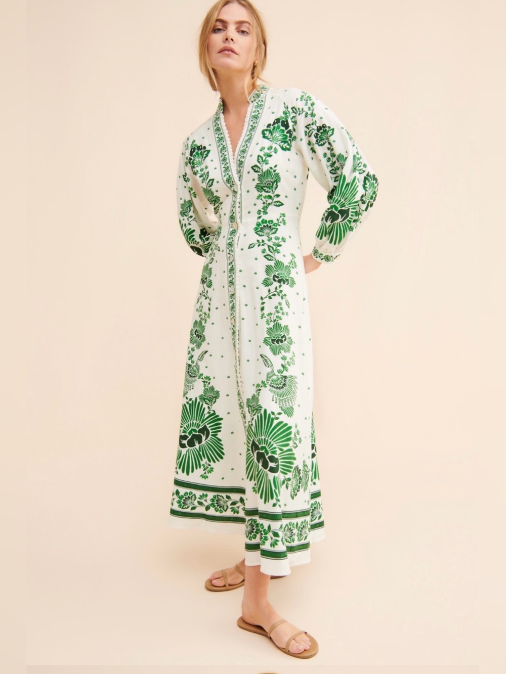Farm Rio ANTHROPOLOGIEForest Soul Green Floral Embroidered Maxi Dress M